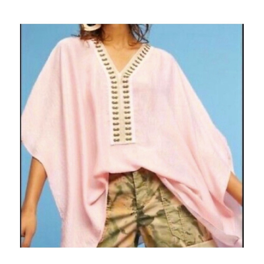 ANTHROPOLOGIE‎ Floreat Bohemian Pink Peach Embroidered Poncho One Size
